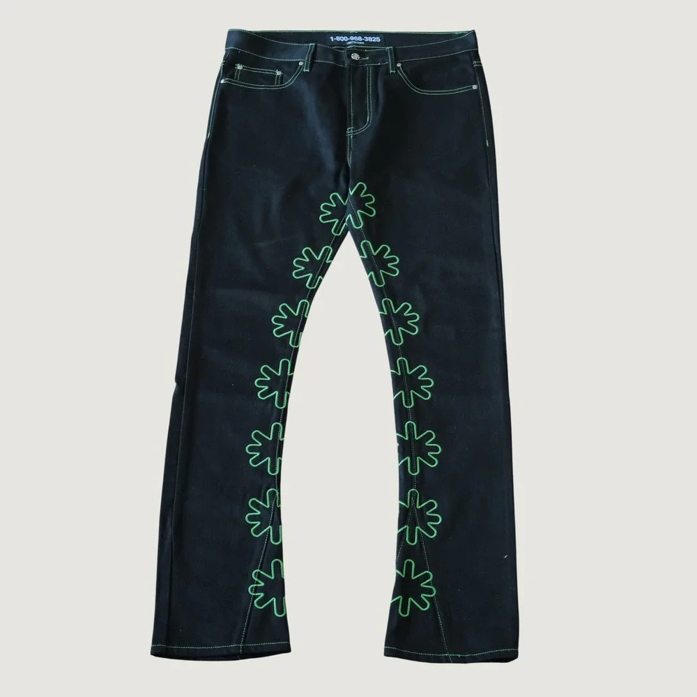 Lost SHDWS Green Outline Denim Jeans Mens Black Floral Streetwear 36 Straight